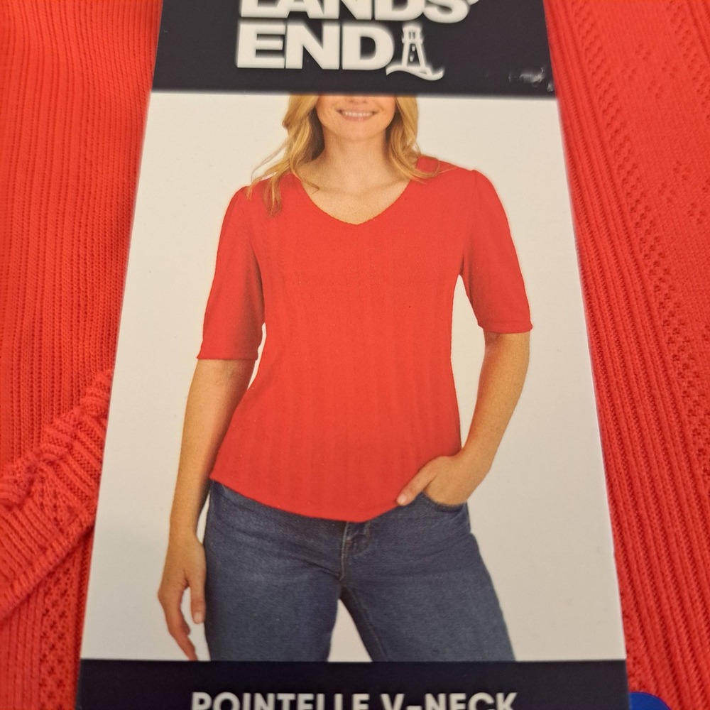 Lands' End Womens Blouse Large Red NWT Pointelle V-Neck Elbow Sleeve  1673-182‎